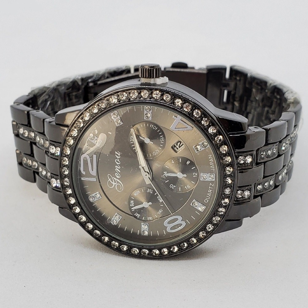 Genoa Women's Watch 41MM Crystal Bezel Black Dial Bracelet Band Date 7.5" Wrist‎